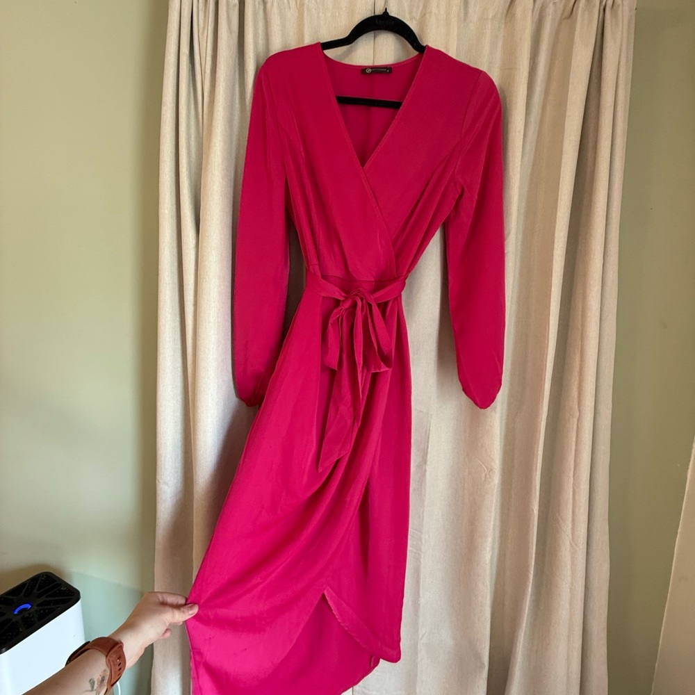 Pink Wrap Dress with Bishop Sleeves and V-Neck